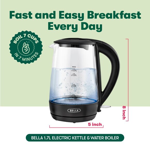 BELLA 1.7 Liter Glass Electric Kettle, Quickly Boil 7 Cups of Water in 6-7 Min. - Picture 2 of 4